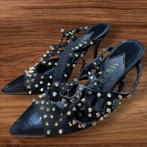 Black Studded Strappy Stiletto Heels Women's Pointed Toe Pumps Shoes‎ Size 8.5